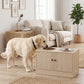 Oak dog feeding station cabinet with two stainless bowls and slow feeder top