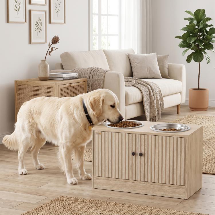Oak dog feeding station cabinet with two stainless bowls and slow feeder top