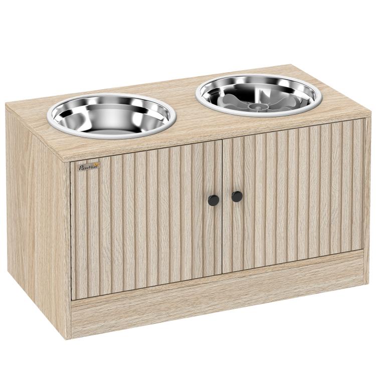 Oak storage cabinet for dogs with two stainless steel bowls