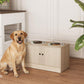 Dog feeding station with two stainless steel bowls; tan dog sitting beside cabinet