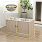 Oak-tone cabinet with two stainless steel bowls and front door panel