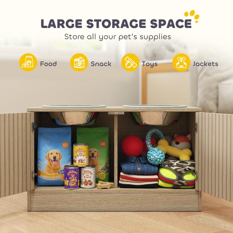 Open dog feeding cabinet storage with supplies inside; two bowls on tabletop