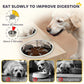 Slow-feeder dog bowl in cabinet top; white dog next to feeding station