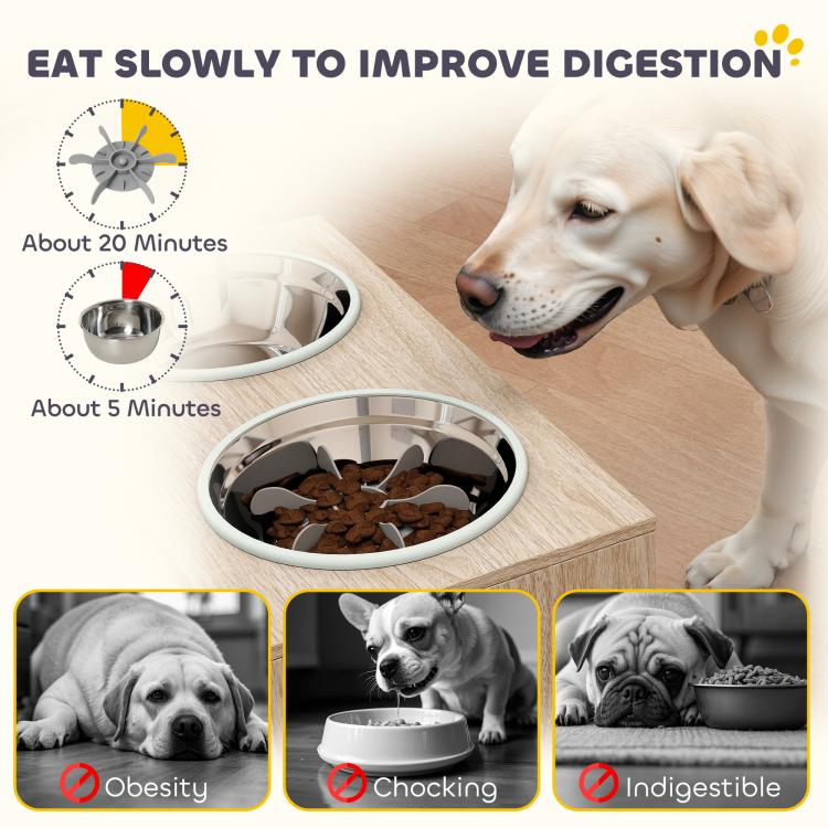 Slow-feeder dog bowl in cabinet top; white dog next to feeding station