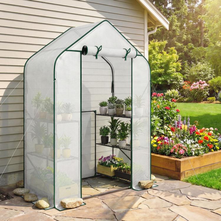 Portable outdoor greenhouse with clear UV-resistant cover, roll-up door, 6 shelves