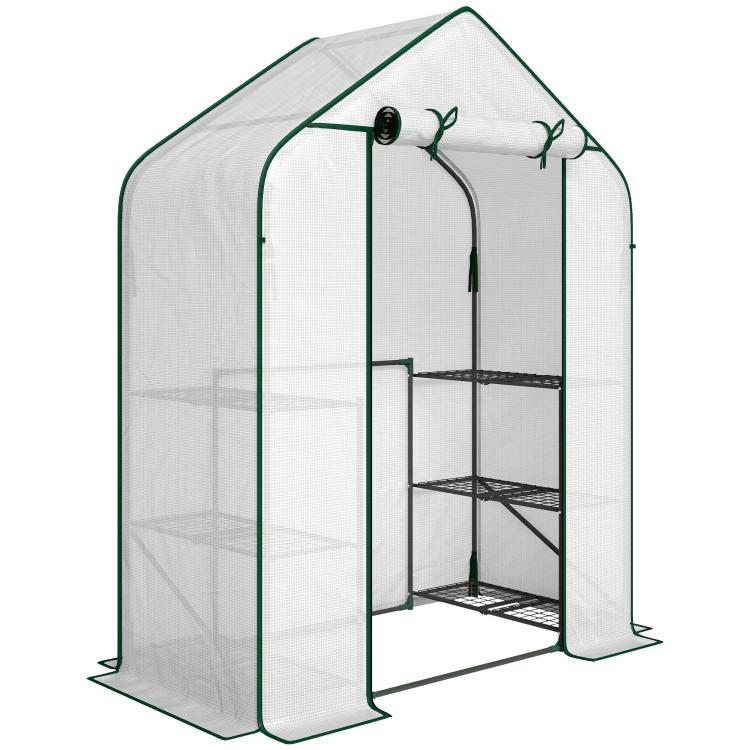 Portable greenhouse tent with clear PE cover, roll-up door, metal 6-shelf racks