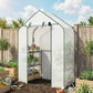 Outdoor white PE greenhouse with green frame and open door, potted plants on shelves