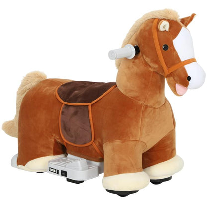 Brown plush ride-on horse with white muzzle, orange saddle, and gray handle bar