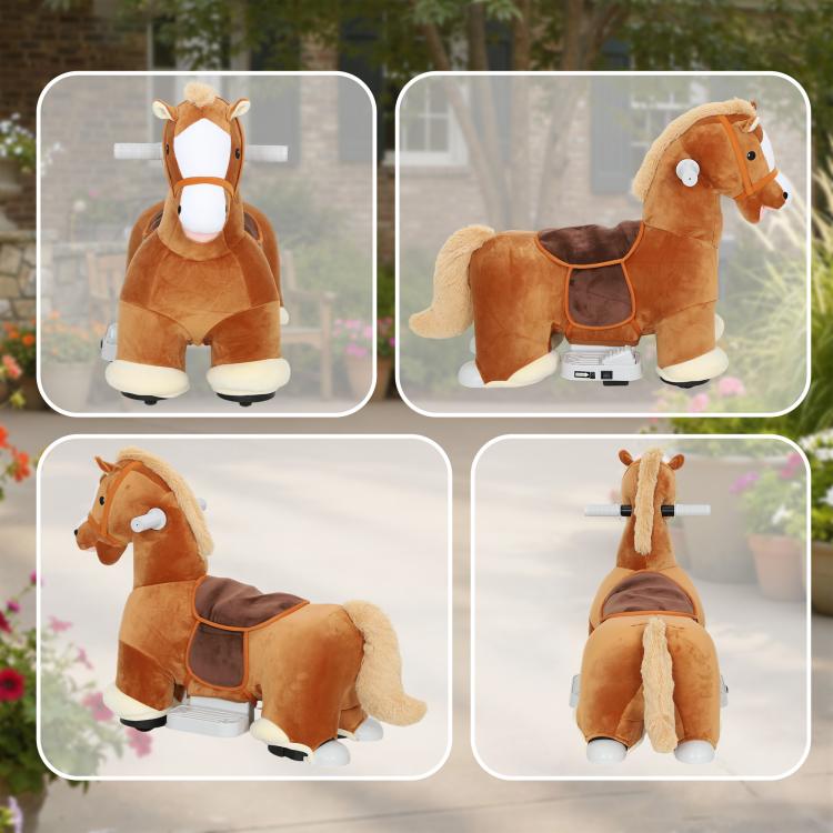 Battery-powered plush ride-on rocking horse, brown with white accents and foot pedal