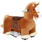 Brown plush ride-on horse with white mane, gray control box, and front foot pedal