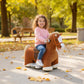 Brown plush ride-on horse with white details and gray battery control base