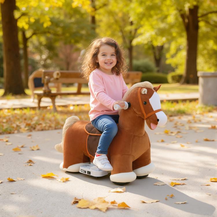 Brown plush ride-on horse with white details and gray battery control base