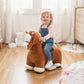 Brown plush ride-on horse with white accents, orange reins, and gray foot pedal