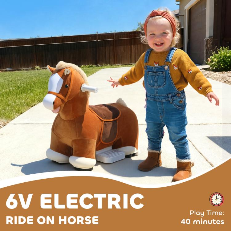 Brown plush ride-on horse with white muzzle and gray control base near child