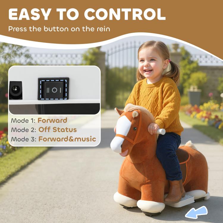 Brown ride-on horse with forward control panel, gray handle reins, and plush body