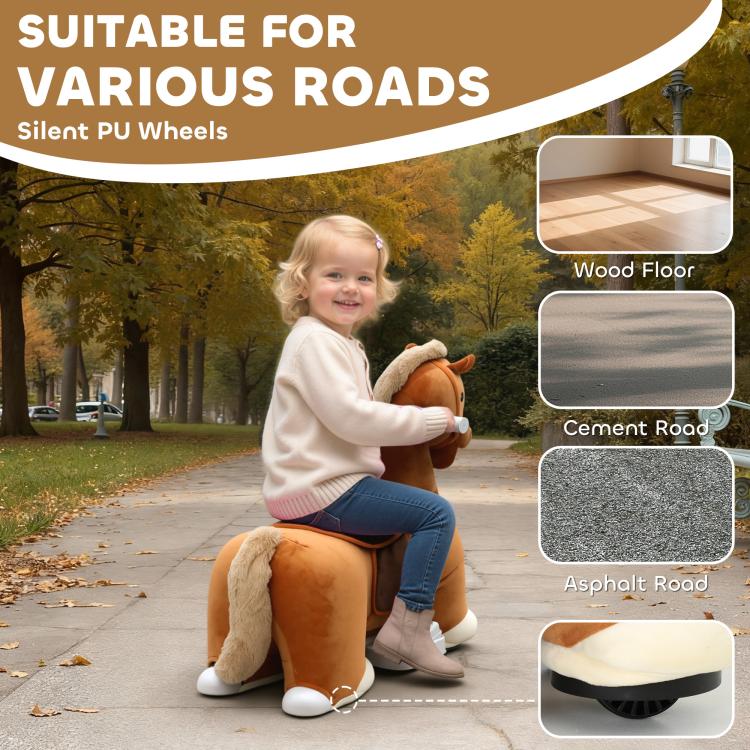 Brown plush ride-on horse with white trim and low-profile wheel bases