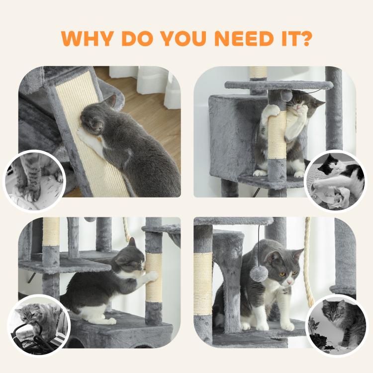Dark gray multi-level cat tree with condos, hammocks, and rope scratching posts