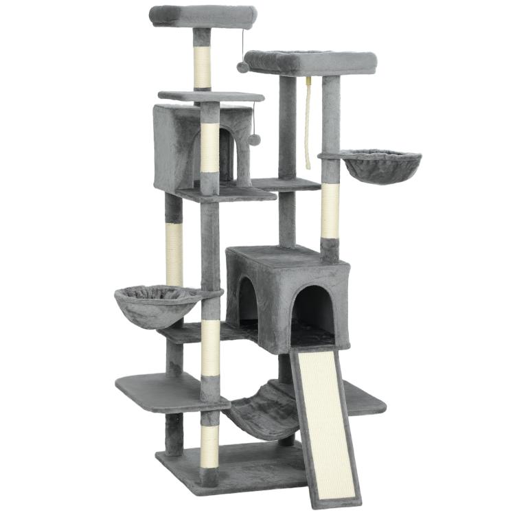 Dark gray multi-level cat tower with condos, platforms, and sisal scratching posts