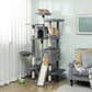 Tall dark gray cat climbing tower with multiple levels, condos, and a wide scratching base.