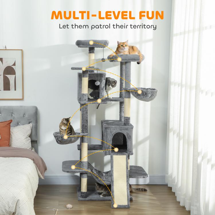 Dark gray cat tower with multiple levels, condos, and hammocks shown on display.