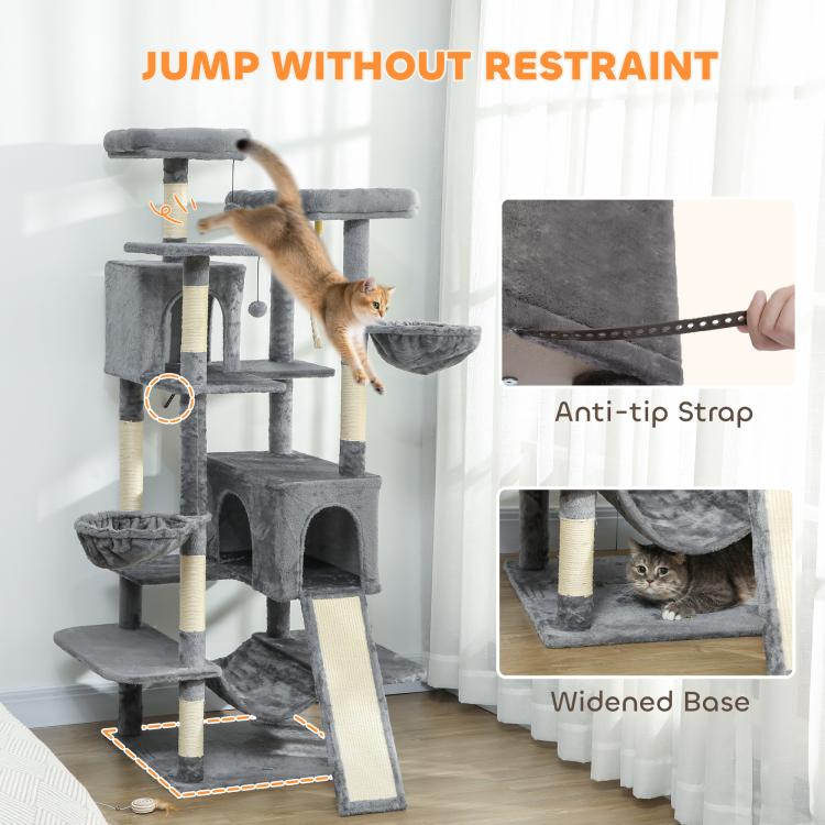 Dark gray cat tree with wide base and secured ramp; cats climbing between levels.
