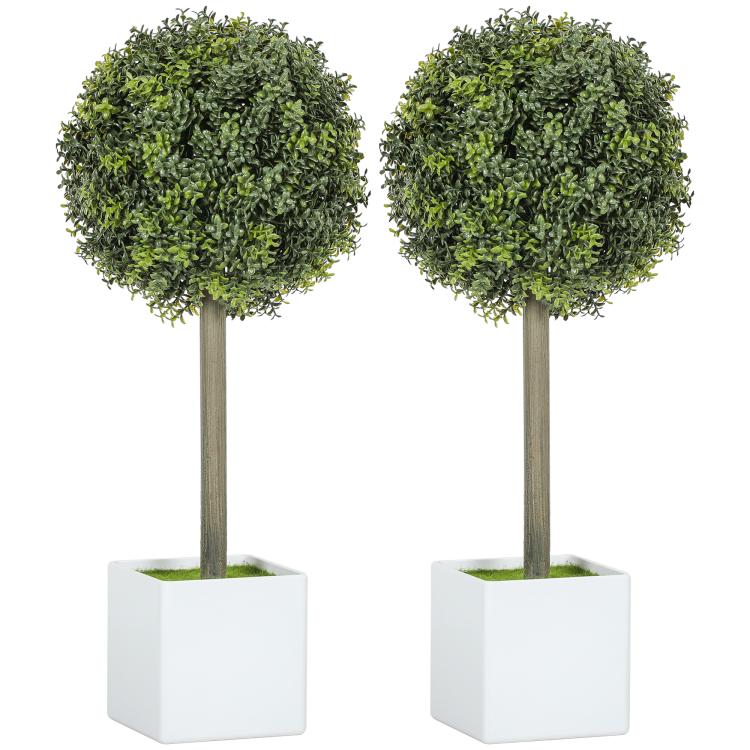Set of 2 green artificial boxwood topiary balls in white square pots on wooden stems