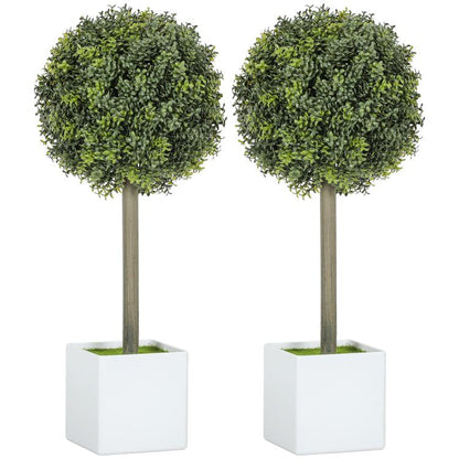 Set of 2 green artificial boxwood topiary balls in white square pots on wooden stems