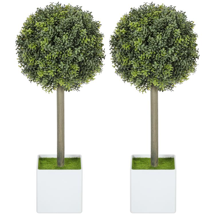Set of 2 green artificial boxwood topiary balls in white square pots with green base