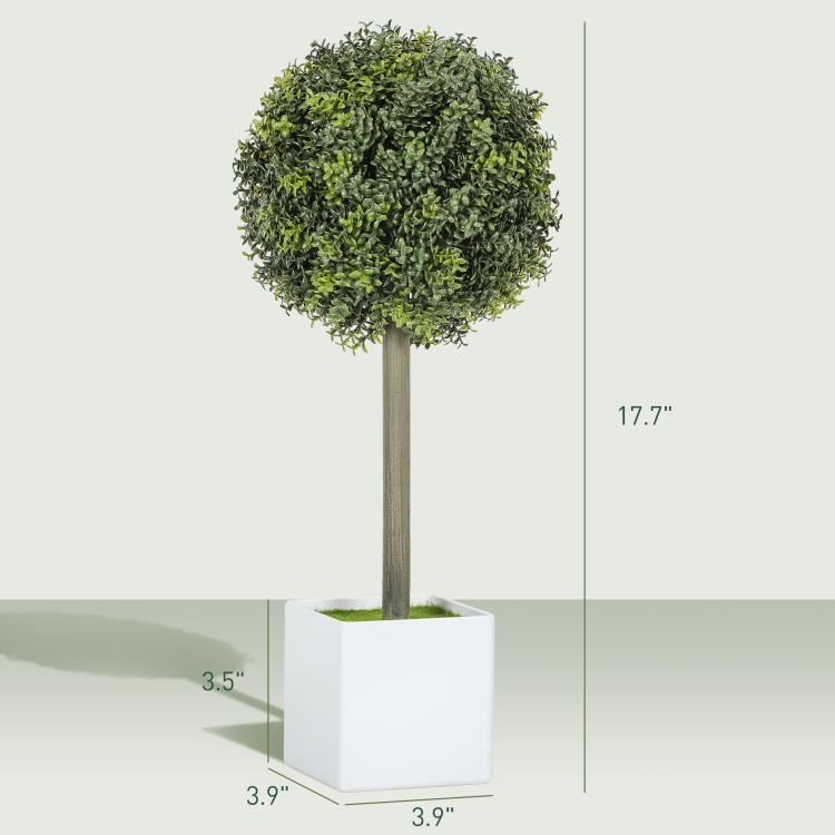 Green artificial boxwood topiary ball on a wooden stem in a white square pot