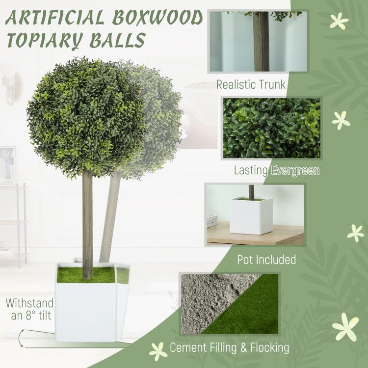 Set of 2 artificial boxwood topiary balls with dense green leaves in white square pots