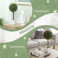 Two green artificial boxwood topiary balls in white square planters on wooden stems
