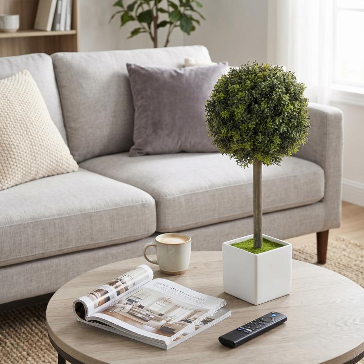 Green artificial boxwood topiary ball in a white square pot with green moss top on stem