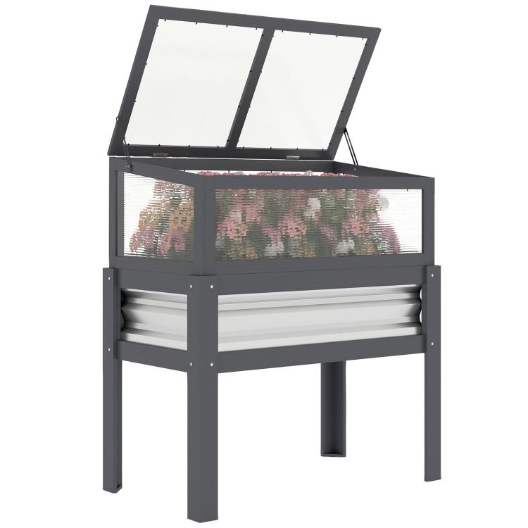Gray elevated raised planter box with flip-up mini greenhouse lid, see-through panels