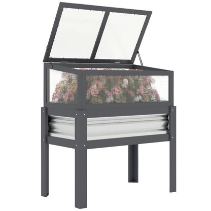 Gray elevated raised planter box with flip-up mini greenhouse lid, see-through panels