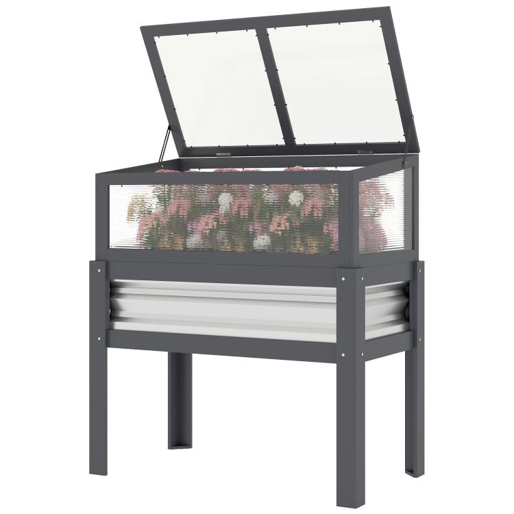 Gray raised garden planter box with flip-up mini greenhouse, transparent front window