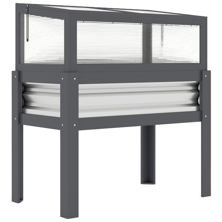 Dark gray elevated planter bed with greenhouse panels and side air vents
