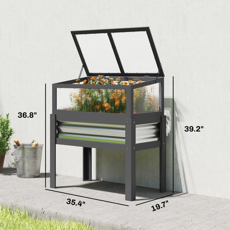 Gray raised planter box with flip-up greenhouse and slatted front shelf panel
