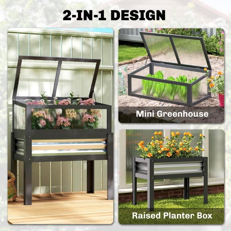 Gray raised planter box with mini greenhouse cover, two-panel flip-up lid
