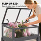 Gray flip-up mini greenhouse lid opened over planted flowers in raised planter box