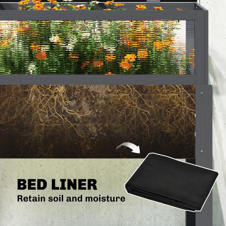 Black bed liner mat inside gray raised planter box with soil and moisture retention