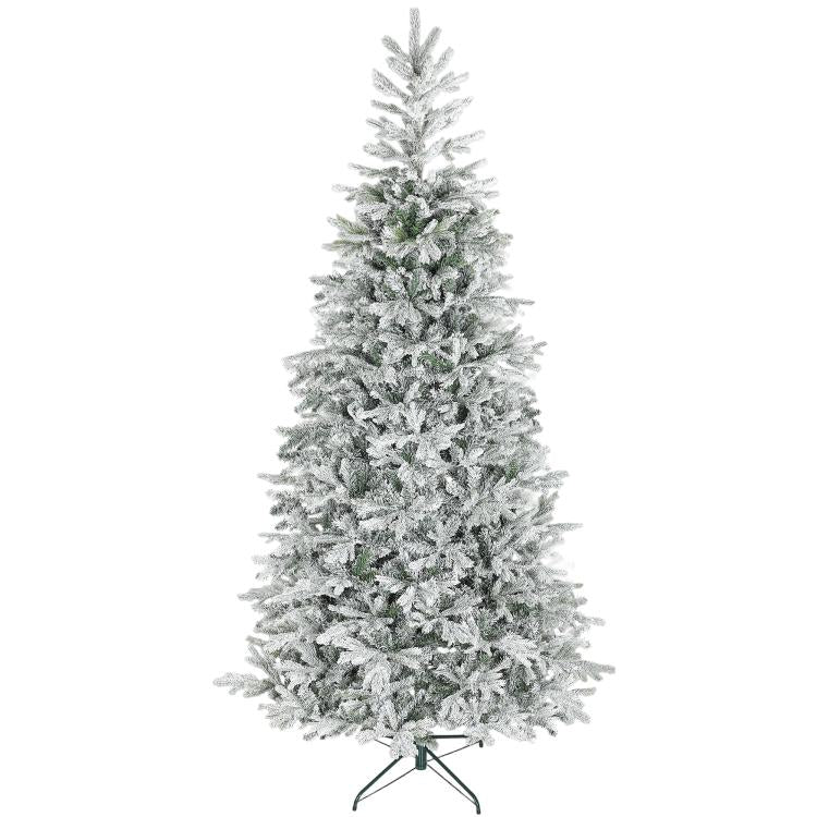 9 ft artificial frosted Christmas tree with full spruce branches and metal stand base
