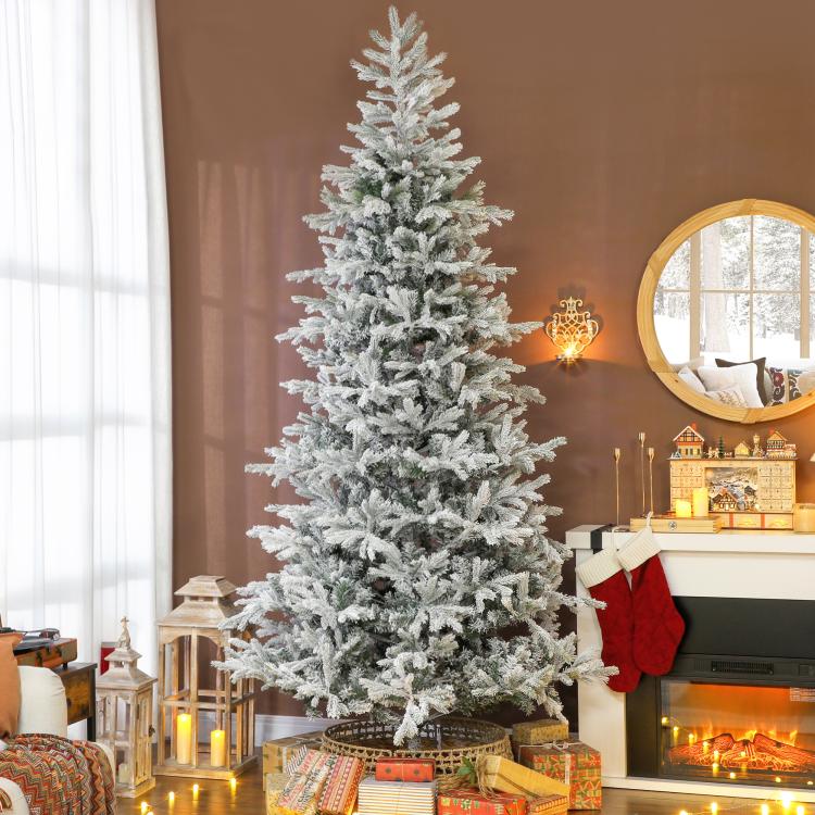 Artificial frosted Christmas tree with dense realistic branches, full conical shape