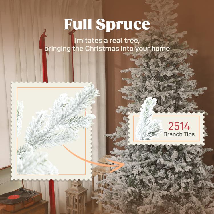 Full spruce artificial Christmas tree with thick frosted branch tips and metal stand