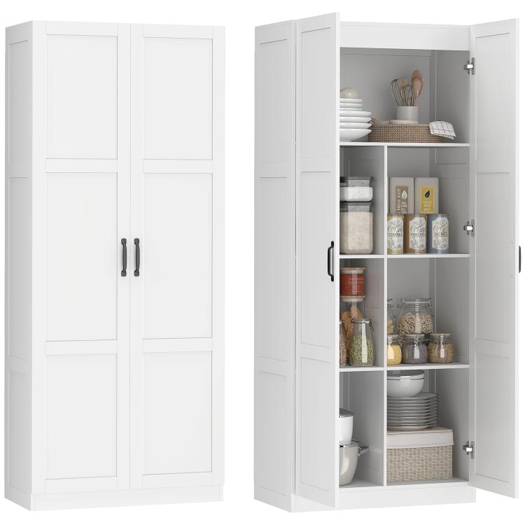White double-door kitchen pantry cabinet with adjustable shelves and black bar handles