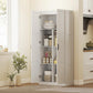 White pantry cabinet with open doors and adjustable interior shelves for storage