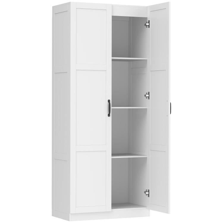 White tall pantry cabinet with open doors, adjustable shelves, and metal hinges
