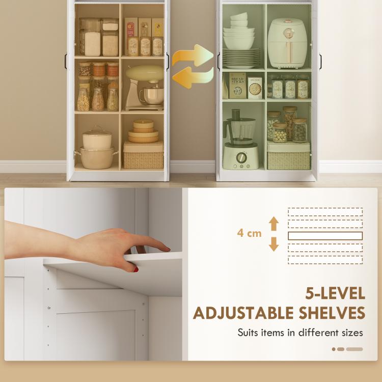 White pantry cabinet with doors open, interior shelves holding jars and kitchenware