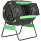 Green and black tumbling compost bin with front side panels and ventilation vents