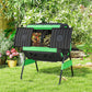 Outdoor dual-chamber tumbling compost bin on grass with open drum window