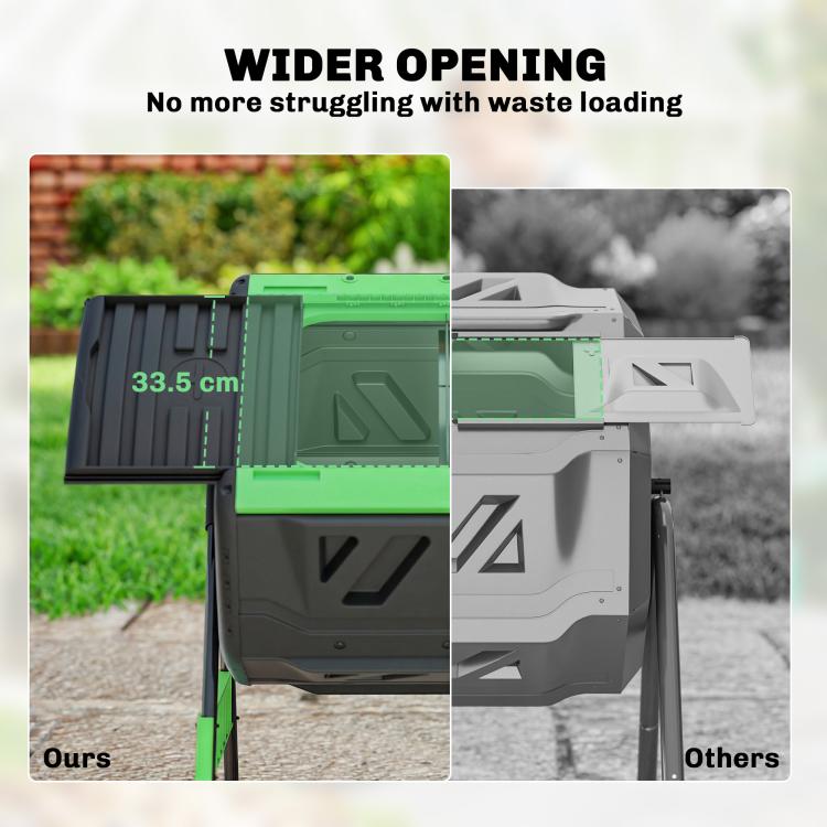 Outdoor tumbling compost bin with wide opening panel on green base